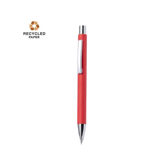 Elegante bolígrafo de mecanismo pulsador con cuerpo en papel reciclado y accesorios de acabado metálico en color plateado brillante. De tinta azul. Disponible en variada gama de colores.