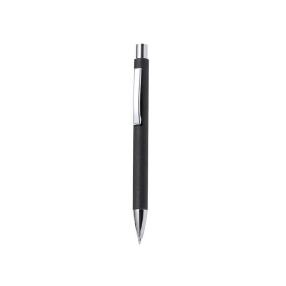 Elegante bolígrafo de mecanismo pulsador con cuerpo en papel reciclado y accesorios de acabado metálico en color plateado brillante. De tinta azul. Disponible en variada gama de colores.