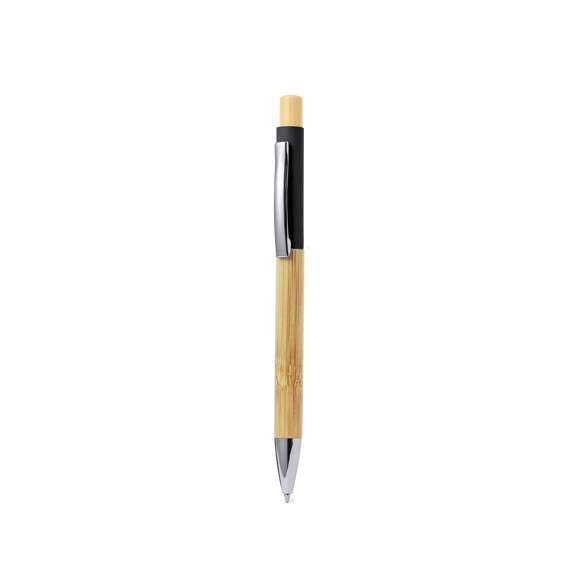 Elegante bolígrafo fabricado en bambú. Cuerpo en resistente aluminio de acabado goma y empuñadura en bambú, con la caña en una amplia gama de distintivos colores. Clip metálico, con mecanismo pulsador y en tinta azul. Presentado en bolsa individual reciclada.Materiales como el bambú fomentan la utilización de materias primas naturales, reduciendo las emisiones contaminantes. Proviene de una planta de gran resistencia y versatilidad, con crecimiento y regeneración rápidos, siendo una excelente alternativa al uso de madera tradicional.