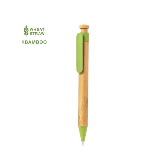Bolígrafo con mecanismo pulsador de bambú y caña de trigo. Cuerpo en bambú, con accesorios a juego en caña de trigo. Original clip tamaño XL, disponible en variada gama de colores de carga jumbo y en tinta azul.Materiales como el bambú fomentan la utilización de materias primas naturales, reduciendo las emisiones contaminantes. Proviene de una planta de gran resistencia y versatilidad, con crecimiento y regeneración rápidos, siendo una excelente alternativa al uso de madera tradicional.