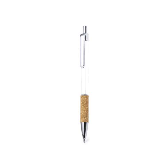 Elegante bolígrafo de corcho y aluminio con mecanismo pulsador. Cuerpo en resistente aluminio de acabado brillante y empuñadura en corcho, con la caña en una amplia gama de distintivos colores. Clip metálico, y en tinta azul. Presentado en bolsa individual reciclada.Elaborado con elementos vegetales para así fomentar la utilización de materias primas naturales y reducir las emisiones contaminantes.