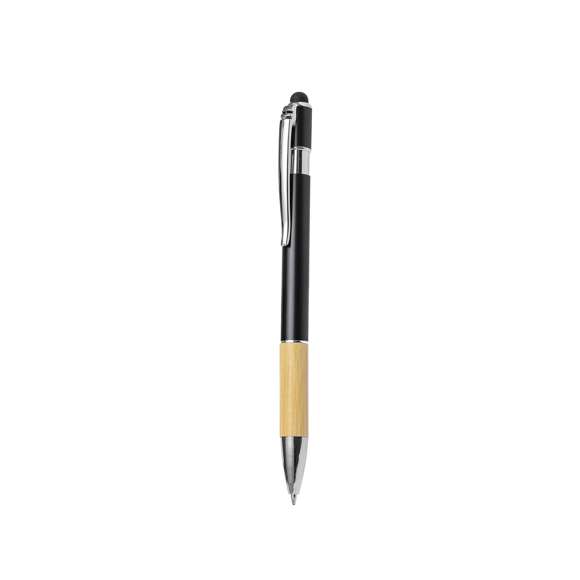 Elegante bolígrafo puntero de bambú y aluminio con mecanismo pulsador. Cuerpo en resistente aluminio de acabado brillante y empuñadura en bambú con puntero en la parte superior en negro. Caña en una amplia gama de distintivos colores metálicos. Clip metálico, con pulsador retráctil y en tinta azul. Presentado en bolsa individual reciclada.Materiales como el bambú fomentan la utilización de materias primas naturales, reduciendo las emisiones contaminantes. Proviene de una planta de gran resistencia y versatilidad, con crecimiento y regeneración rápidos, siendo una excelente alternativa al uso de madera tradicional.