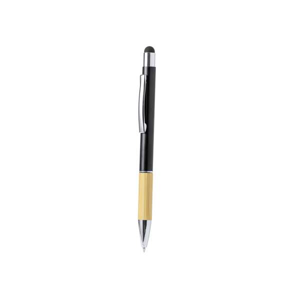 Elegante bolígrafo puntero de bambú y aluminio con mecanismo giratorio. Cuerpo en resistente aluminio de acabado brillante y empuñadura en bambú, con la caña en una amplia gama de distintivos colores y puntero en la parte superor a juego. Clip metálico y en tinta azul. Presentado en bolsa individual reciclada.Materiales como el bambú fomentan la utilización de materias primas naturales, reduciendo las emisiones contaminantes. Proviene de una planta de gran resistencia y versatilidad, con crecimiento y regeneración rápidos, siendo una excelente alternativa al uso de madera tradicional.