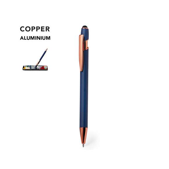 Excelente bolígrafo puntero de aluminio con mecanismo pulsador. Cuerpo en resistente aluminio de acabado mate con elementos decorativos de elegante acabado color cobre, con la caña en una amplia gama de distintivos colores. Clip metálico, con pulsador retráctil y puntero negro en la parte superior. En tinta azul. Presentado en una bolsa individual reciclada.