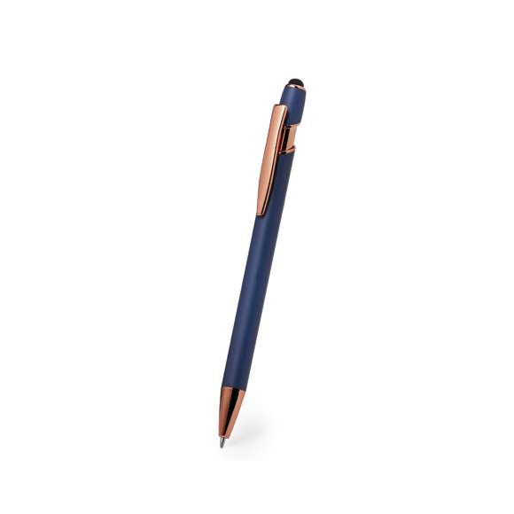 Excelente bolígrafo puntero de aluminio con mecanismo pulsador. Cuerpo en resistente aluminio de acabado mate con elementos decorativos de elegante acabado color cobre, con la caña en una amplia gama de distintivos colores. Clip metálico, con pulsador retráctil y puntero negro en la parte superior. En tinta azul. Presentado en una bolsa individual reciclada.