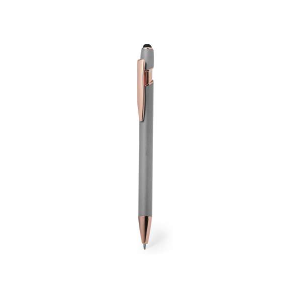 Excelente bolígrafo puntero de aluminio con mecanismo pulsador. Cuerpo en resistente aluminio de acabado mate con elementos decorativos de elegante acabado color cobre, con la caña en una amplia gama de distintivos colores. Clip metálico, con pulsador retráctil y puntero negro en la parte superior. En tinta azul. Presentado en una bolsa individual reciclada.