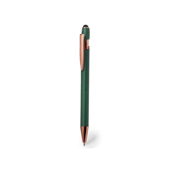 Excelente bolígrafo puntero de aluminio con mecanismo pulsador. Cuerpo en resistente aluminio de acabado mate con elementos decorativos de elegante acabado color cobre, con la caña en una amplia gama de distintivos colores. Clip metálico, con pulsador retráctil y puntero negro en la parte superior. En tinta azul. Presentado en una bolsa individual reciclada.