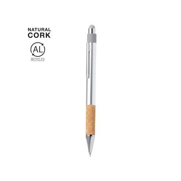 Elegante bolígrafo puntero de corcho y Aluminio Reciclado con mecanismo pulsador. Cuerpo en resistente Aluminio Reciclado de acabado mate y empuñadura en corcho con puntero en la parte superior en gris. Clip metálico, con pulsador retráctil. En tinta azul y con carga jumbo. Presentado en bolsa individual reciclada. Elaborado con elementos vegetales para así fomentar la utilización de materias primas naturales y reducir las emisiones contaminantes.El Aluminio Reciclado es un material con posibilidades de reciclaje casi infinitas, sin perder sus propiedades originales y consumiendo menos energía en este proceso.Certificación GRS (Global Recycled Standard / Estándar de Reciclaje Global), que garantiza el origen reciclado del material usado para fabricar el producto.