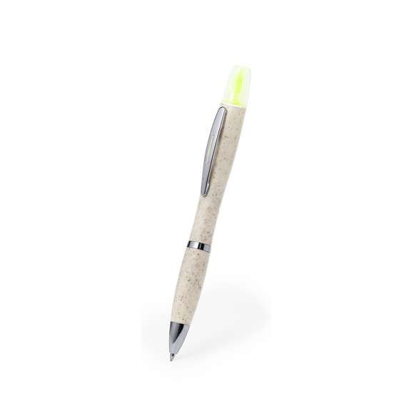 Práctico bolígrafo fabricado en caña de trigo y ABS con marcador incluido. De mecanismo giratorio y en tinta azul. En la parte superior incluye un útil marcador amarillo fluorescente con capucha. Logotipo Wheat Straw en la parte superior del bolígrafo, con clip y accesorios metálicos, y cuerpo color natural. La caña de trigo fomenta la utilización de materias primas naturales, reduciendo así las emisiones contaminantes.