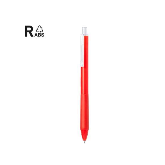 Bolígrafo de mecanismo pulsador fabricado en ABS reciclado. Clip y pulsador transparentes, con cuerpo de suave acabado en variados colores y empuñadura a juego. Logotipo ABS reciclado en la parte superior del bolígrafo. En tinta azul.El RABS es un plástico altamente reciclable de gran resistencia y con multitud de aplicaciones que lo convierten en una solución eco-friendly. Con certificación RCS, que garantiza el origen reciclado del mismo.