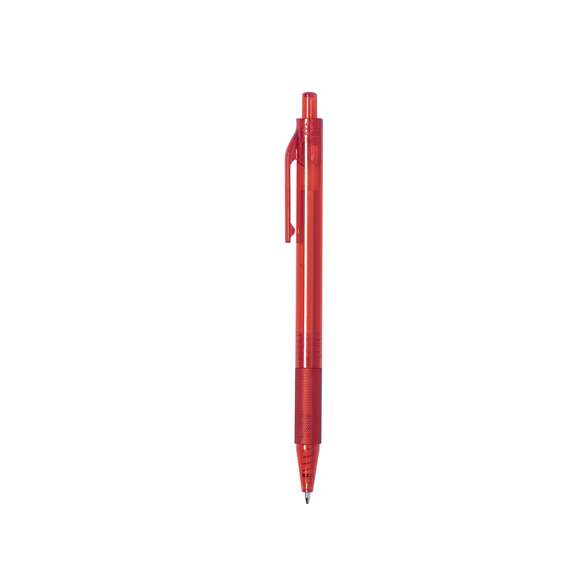 Bolígrafo de mecanismo pulsador fabricado en RPET. Cuerpo de suave acabado en variados colores transparentes y empuñadura a juego. Logotipo RPET en la parte superior del bolígrafo. En tinta azul.El material RPET se elabora a partir de plástico reciclado, para así fomentar la reutilización de residuos plásticos y ayudar a la sostenibilidad del planeta.