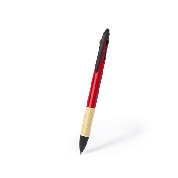Práctico bolígrafo puntero con 3 tintas diferentes, hecho en bambú. De mecanismo pulsador con posibilidad de elegir entre tinta azul, roja o negra, con pulsadores a juego. Empuñadura en suave bambú, clip y punta en elegante negro y caña de variados y llamativos colores. Parte superior con puntero.Materiales como el bambú fomentan la utilización de materias primas naturales, reduciendo las emisiones contaminantes. Proviene de una planta de gran resistencia y versatilidad, con crecimiento y regeneración rápidos, siendo una excelente alternativa al uso de madera tradicional.