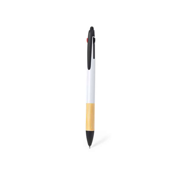 Práctico bolígrafo puntero con 3 tintas diferentes, hecho en bambú. De mecanismo pulsador con posibilidad de elegir entre tinta azul, roja o negra, con pulsadores a juego. Empuñadura en suave bambú, clip y punta en elegante negro y caña de variados y llamativos colores. Parte superior con puntero.Materiales como el bambú fomentan la utilización de materias primas naturales, reduciendo las emisiones contaminantes. Proviene de una planta de gran resistencia y versatilidad, con crecimiento y regeneración rápidos, siendo una excelente alternativa al uso de madera tradicional.