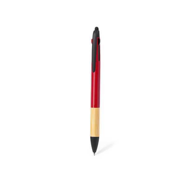 Práctico bolígrafo puntero con 3 tintas diferentes, hecho en bambú. De mecanismo pulsador con posibilidad de elegir entre tinta azul, roja o negra, con pulsadores a juego. Empuñadura en suave bambú, clip y punta en elegante negro y caña de variados y llamativos colores. Parte superior con puntero.Materiales como el bambú fomentan la utilización de materias primas naturales, reduciendo las emisiones contaminantes. Proviene de una planta de gran resistencia y versatilidad, con crecimiento y regeneración rápidos, siendo una excelente alternativa al uso de madera tradicional.
