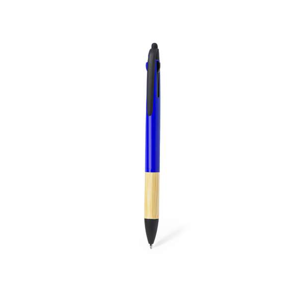 Práctico bolígrafo puntero con 3 tintas diferentes, hecho en bambú. De mecanismo pulsador con posibilidad de elegir entre tinta azul, roja o negra, con pulsadores a juego. Empuñadura en suave bambú, clip y punta en elegante negro y caña de variados y llamativos colores. Parte superior con puntero.Materiales como el bambú fomentan la utilización de materias primas naturales, reduciendo las emisiones contaminantes. Proviene de una planta de gran resistencia y versatilidad, con crecimiento y regeneración rápidos, siendo una excelente alternativa al uso de madera tradicional.
