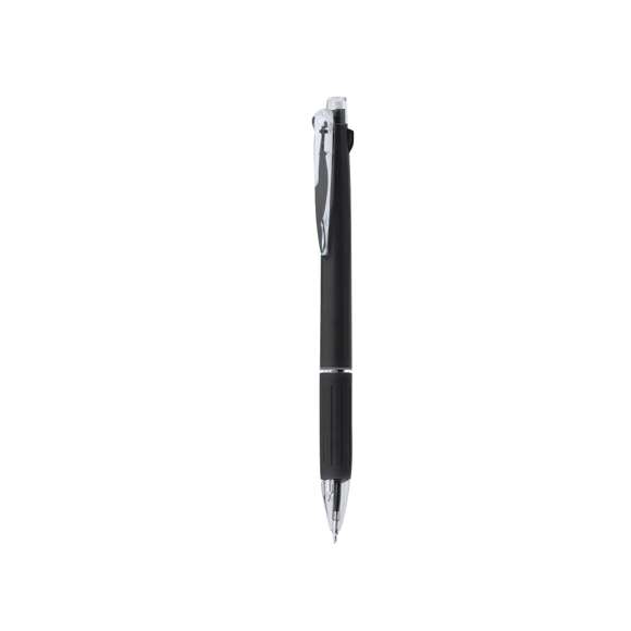 Práctico bolígrafo puntero. De mecanismo pulsador y con posibilidad de elegir entre tinta negra, roja o portaminas, con pulsadores a juego. Suave empuñadura de agradable tacto, con clip y punta transparentes. Cuerpo en variados y llamativos colores, con goma en la parte superior.