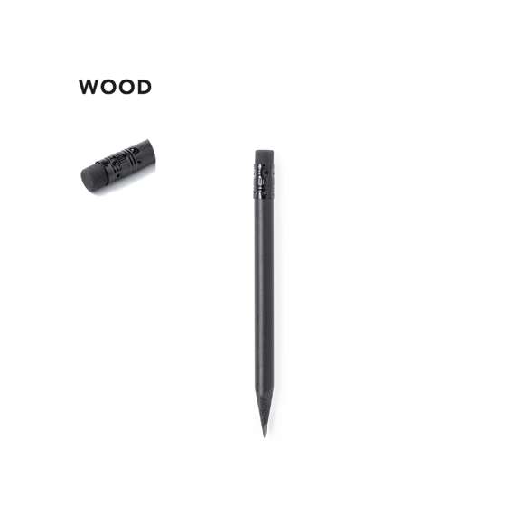 Lápiz de madera natural en acabado negro mate, con mina negra, punta afilada y goma en la parte superior a juego.