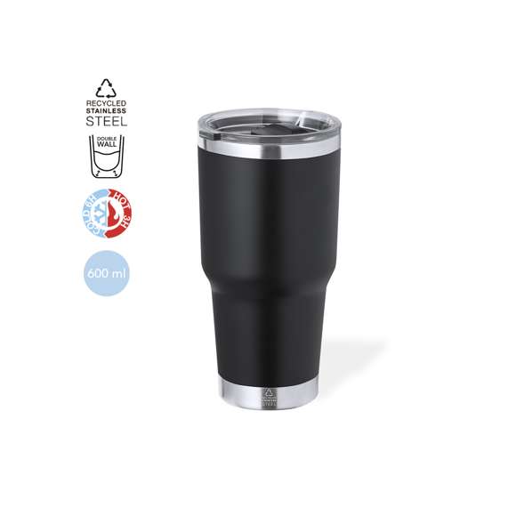 Vaso térmico fabricado en acero inox reciclado de doble pared y 600 ml de capacidad. Con dosificador en tapa y abrefácil, libre de BPA. Es ideal para tener en tu escritorio, mesa o en cualquier superficie donde disfrutar tranquilamente de tu bebida favorita. Con logotipo Acero Inox Reciclado. El acero es uno de los materiales más demandados y que puede encontrarse casi en todas partes, desde productos de uso diario a grandes construcciones. Con innumerables propiedades, entre las que cabe destacar la durabilidad y su alto grado de reutilización, convirtiéndolo en una alternativa muy valorada en soluciones de sostenibilidad. Debidamente tratado, permite obtener nuevos recursos de infinita utilización.