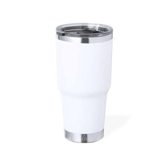 Vaso térmico fabricado en acero inox reciclado de doble pared y 600 ml de capacidad. Con dosificador en tapa y abrefácil, libre de BPA. Es ideal para tener en tu escritorio, mesa o en cualquier superficie donde disfrutar tranquilamente de tu bebida favorita. Con logotipo Acero Inox Reciclado. El acero es uno de los materiales más demandados y que puede encontrarse casi en todas partes, desde productos de uso diario a grandes construcciones. Con innumerables propiedades, entre las que cabe destacar la durabilidad y su alto grado de reutilización, convirtiéndolo en una alternativa muy valorada en soluciones de sostenibilidad. Debidamente tratado, permite obtener nuevos recursos de infinita utilización.