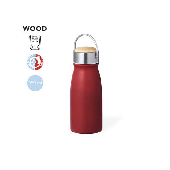 Bidón térmico de doble capa con original estilo y 350 ml de capacidad. Cuerpo en acero inox con tapón de seguridad a rosca en acero inox, con detalle en madera y asa integrada. Disponible en variada gama de colores. Presentado en caja individual de diseño eco en cartón kraft.