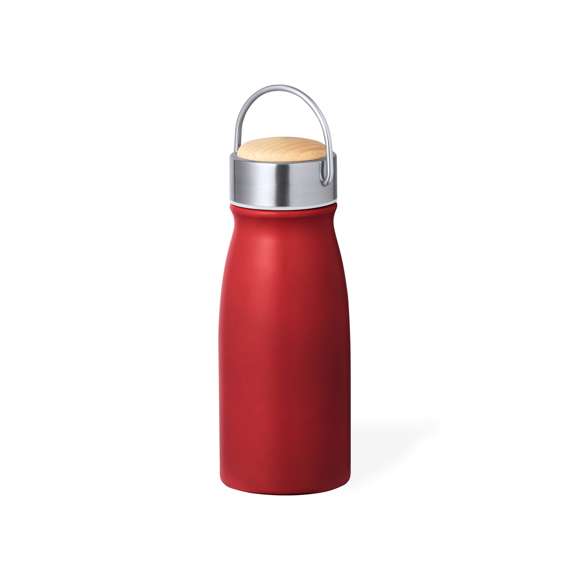 Bidón térmico de doble capa con original estilo y 350 ml de capacidad. Cuerpo en acero inox con tapón de seguridad a rosca en acero inox, con detalle en madera y asa integrada. Disponible en variada gama de colores. Presentado en caja individual de diseño eco en cartón kraft.