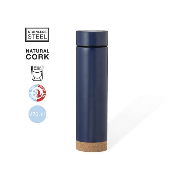 Termo en acero inox de 470 ml de capacidad con base de corcho. Con doble pared para mejor y más duradera conservación de la temperatura. Infusor incluido y sistema de apertura fácil a rosca. Disponible en variada gama de colores y presentado en atractiva caja de diseño kraft.Elaborado con elementos vegetales para así fomentar la utilización de materias primas naturales y reducir las emisiones contaminantes.