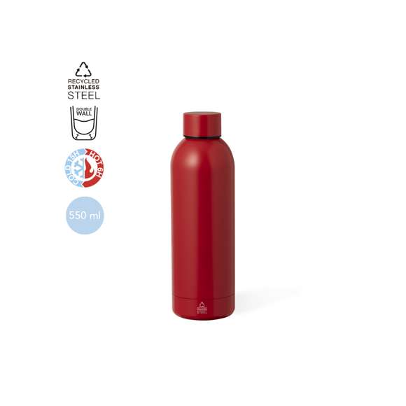 Bidón térmico de doble capa en Acero Inox Reciclado de 550 ml de capacidad, disponible en variada gama de colores metalizados de acabado mate. Con logotipo Acero Inox Reciclado. Presentado en atractiva caja de diseño kraft.El acero es uno de los materiales más demandados y que puede encontrarse casi en todas partes, desde productos de uso diario a grandes construcciones. Con innumerables propiedades, entre las que cabe destacar la durabilidad y su alto grado de reutilización, convirtiéndolo en una alternativa muy valorada en soluciones de sostenibilidad. Debidamente tratado, permite obtener nuevos recursos de infinita utilización.