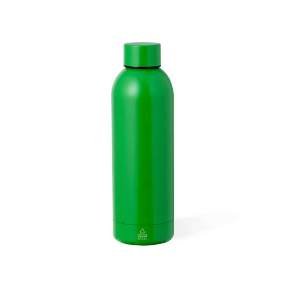 Bidón térmico de doble capa en Acero Inox Reciclado de 550 ml de capacidad, disponible en variada gama de colores metalizados de acabado mate. Con logotipo Acero Inox Reciclado. Presentado en atractiva caja de diseño kraft.El acero es uno de los materiales más demandados y que puede encontrarse casi en todas partes, desde productos de uso diario a grandes construcciones. Con innumerables propiedades, entre las que cabe destacar la durabilidad y su alto grado de reutilización, convirtiéndolo en una alternativa muy valorada en soluciones de sostenibilidad. Debidamente tratado, permite obtener nuevos recursos de infinita utilización.
