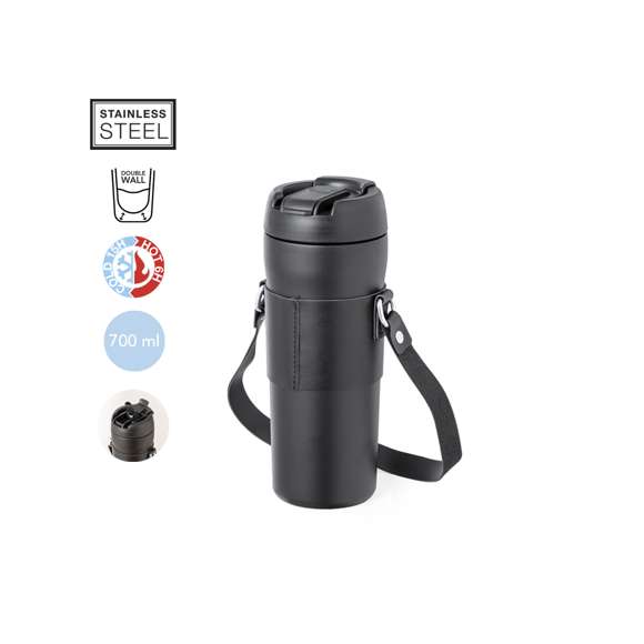 Elegante bidón térmico de 700 ml de capacidad, fabricado en acero inox de doble pared. Original tapón a rosca con dosificador en la tapa y boquilla para pajita, incluida. Con asa de transporte y agarrador a juego en polipiel. Presentado en caja individual de diseño kraft.