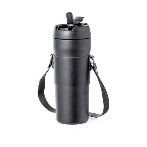 Elegante bidón térmico de 700 ml de capacidad, fabricado en acero inox de doble pared. Original tapón a rosca con dosificador en la tapa y boquilla para pajita, incluida. Con asa de transporte y agarrador a juego en polipiel. Presentado en caja individual de diseño kraft.