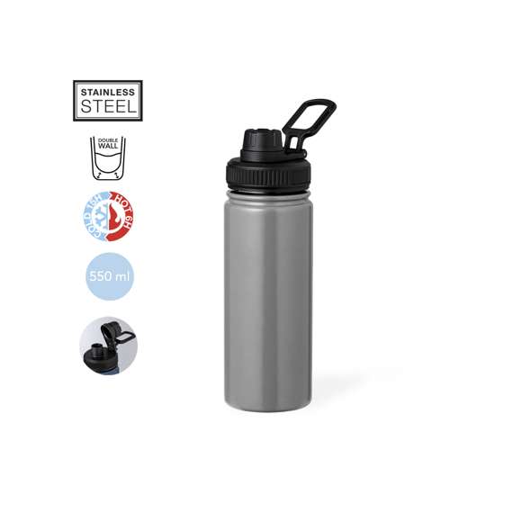 Bidón térmico de acero inox, con doble pared y 550 ml de capacidad. Incluye tapa de cierre a rosca para un óptimo sellado, con dosificador y asa para transporte ajustable. Disponible en variada gama de colores y presentado en atractiva caja de diseño kraft.