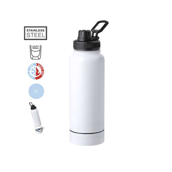 Bidón térmico de doble capa con 1L de capacidad en acero inox. Tapón de rosca de color negro con dosificador y asa de transporte. Además, en la base tiene un compartimento de rosca para guardar pequeños objetos. Disponible en elegantes colores. Presentado en caja de diseño kraft.
