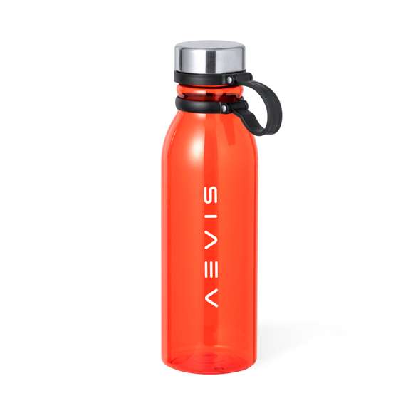 Bidón en RPET de 830 ml de capacidad. Tapón de seguridad de rosca en acero inox y original cinta de silicona para un fácil transporte. Disponible en variada gama de colores translúcidos. Libre de BPA y presentado en atractiva caja de diseño kraft. El material RPET se elabora a partir de plástico reciclado, para así fomentar la reutilización de residuos plásticos y ayudar a la sostenibilidad del planeta.