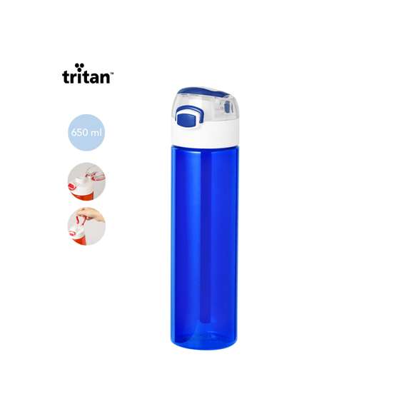 Bidón fabricado en Tritan de 650 ml de capacidad. Ingeniosa tapadera con resorte de fácil apertura pulsando el botón frontal, con cierre de seguridad. Sellado óptimo de tapón a rosca y asa para un cómodo transporte. Disponible en variada gama de colores y presentado en una caja individual de diseño kraft.
