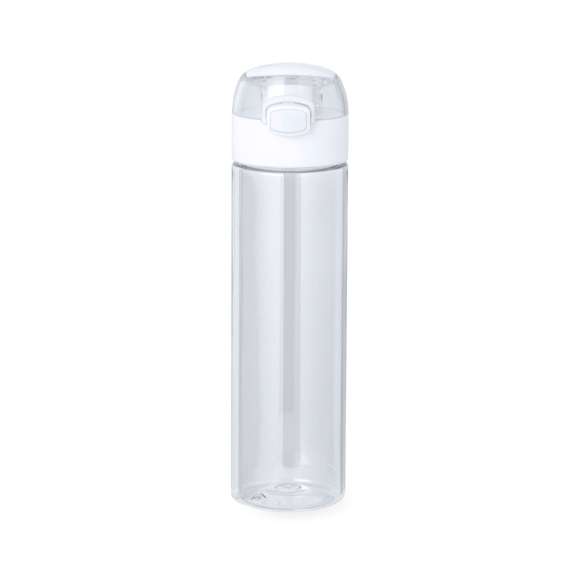 Bidón fabricado en Tritan de 650 ml de capacidad. Ingeniosa tapadera con resorte de fácil apertura pulsando el botón frontal, con cierre de seguridad. Sellado óptimo de tapón a rosca y asa para un cómodo transporte. Disponible en variada gama de colores y presentado en una caja individual de diseño kraft.