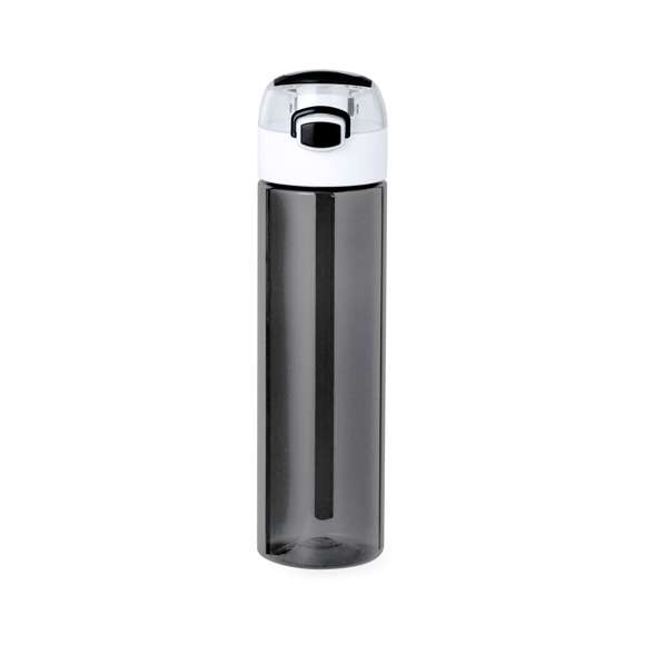 Bidón fabricado en Tritan de 650 ml de capacidad. Ingeniosa tapadera con resorte de fácil apertura pulsando el botón frontal, con cierre de seguridad. Sellado óptimo de tapón a rosca y asa para un cómodo transporte. Disponible en variada gama de colores y presentado en una caja individual de diseño kraft.