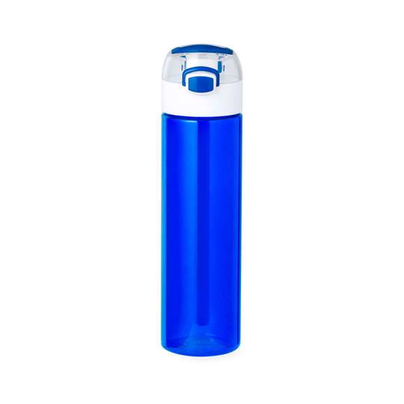 Bidón fabricado en Tritan de 650 ml de capacidad. Ingeniosa tapadera con resorte de fácil apertura pulsando el botón frontal, con cierre de seguridad. Sellado óptimo de tapón a rosca y asa para un cómodo transporte. Disponible en variada gama de colores y presentado en una caja individual de diseño kraft.