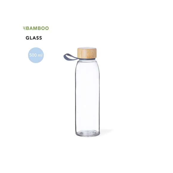 Bidón de cristal de 500 ml. Tapón de rosca en bambú con práctica asa de silicona. Presentado en caja de diseño kraft.