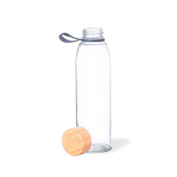 Bidón de cristal de 500 ml. Tapón de rosca en bambú con práctica asa de silicona. Presentado en caja de diseño kraft.
