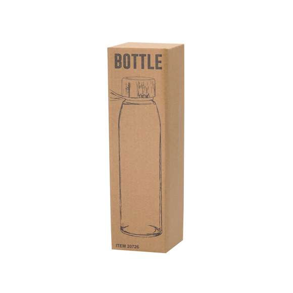 Bidón de cristal de 500 ml. Tapón de rosca en bambú con práctica asa de silicona. Presentado en caja de diseño kraft.