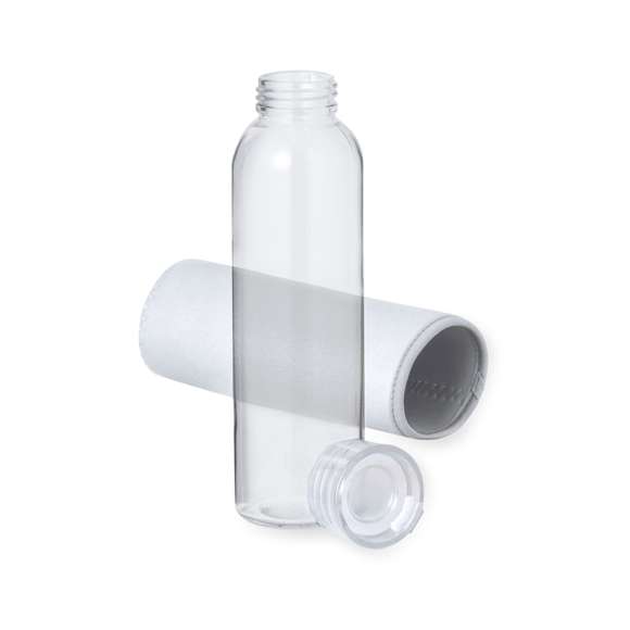 Bidón de 500 ml de capacidad. Cuerpo fabricado en cristal, con tapón a rosca y práctica asa de silicona para un fácil transporte. Incluye funda de soft shell a juego. Disponible en variada gama de colores y presentado en caja individual de atractivo diseño kraft.