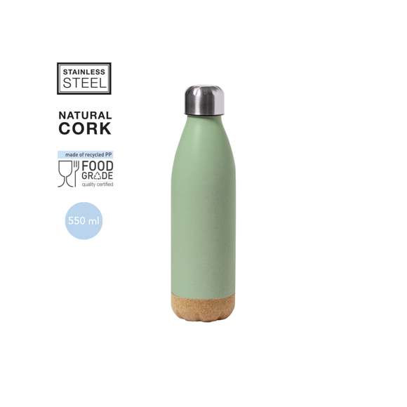 Bidón de 650 ml de capacidad, en combinación de PE veteado con base de corcho natural y tapón en acero inox.Tapón a rosca y libre de BPA. Disponible en variada gama de colores pastel mate y presentado en caja individual de diseño kraft.Certificación Food Grade, garantizando la seguridad cuando los alimentos entran en contacto con el material usado para fabricar el producto.