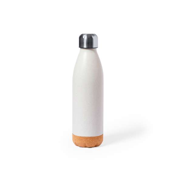 Bidón de 650 ml de capacidad, en combinación de PE veteado con base de corcho natural y tapón en acero inox.Tapón a rosca y libre de BPA. Disponible en variada gama de colores pastel mate y presentado en caja individual de diseño kraft.Certificación Food Grade, garantizando la seguridad cuando los alimentos entran en contacto con el material usado para fabricar el producto.