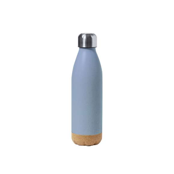 Bidón de 650 ml de capacidad, en combinación de PE veteado con base de corcho natural y tapón en acero inox.Tapón a rosca y libre de BPA. Disponible en variada gama de colores pastel mate y presentado en caja individual de diseño kraft.Certificación Food Grade, garantizando la seguridad cuando los alimentos entran en contacto con el material usado para fabricar el producto.