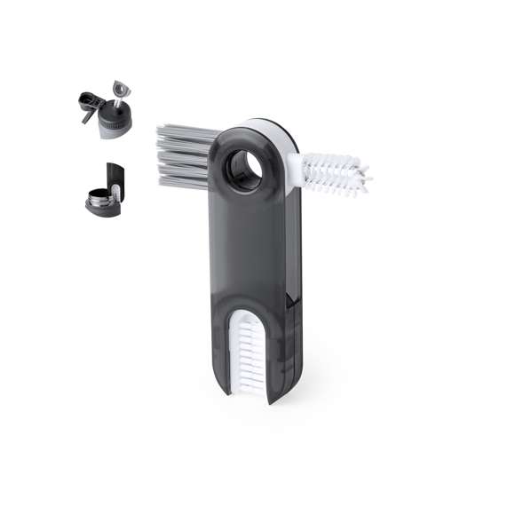 Práctico cepillo limpiador todo en uno, especialmente diseñado para bidones, termos, tazas, vasos y artículos similares. Incluye 3 cepillos con diferentes tipos de cerdas, ideales para la correcta limpieza de las partes de difícil acceso de los recipientes. Fabricado en resistente material ABS, con zona lisa para marcaje y presentado en caja individual de diseño kraft.