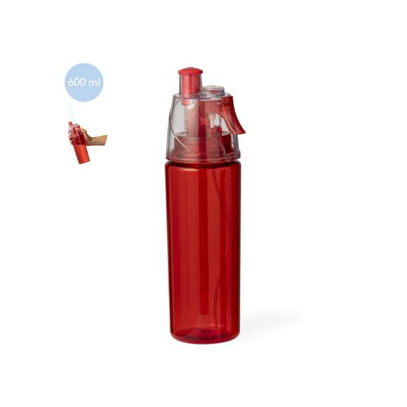 Bidón de 600 ml de capacidad, con vaporizador en el tapón para refrescarse. De acabado transparente, incluye dosificador y tapón a rosca para un óptimo sellado. Disponible en variados colores y presentado individualmente en caja de diseño kraft.