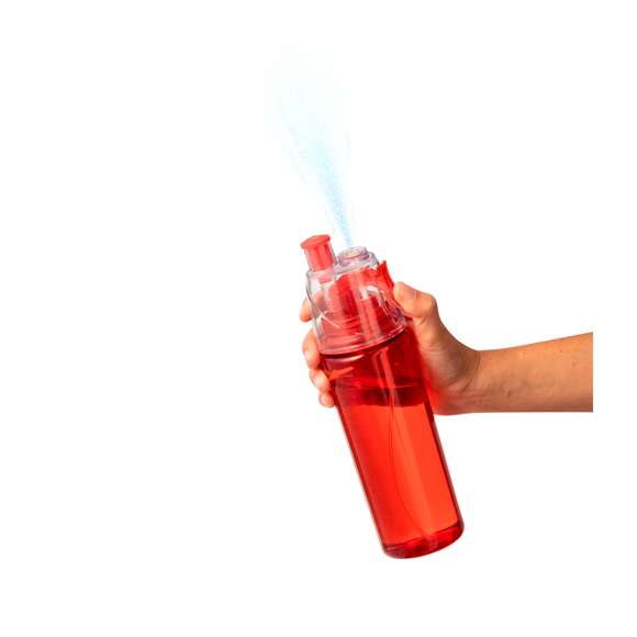 Bidón de 600 ml de capacidad, con vaporizador en el tapón para refrescarse. De acabado transparente, incluye dosificador y tapón a rosca para un óptimo sellado. Disponible en variados colores y presentado individualmente en caja de diseño kraft.