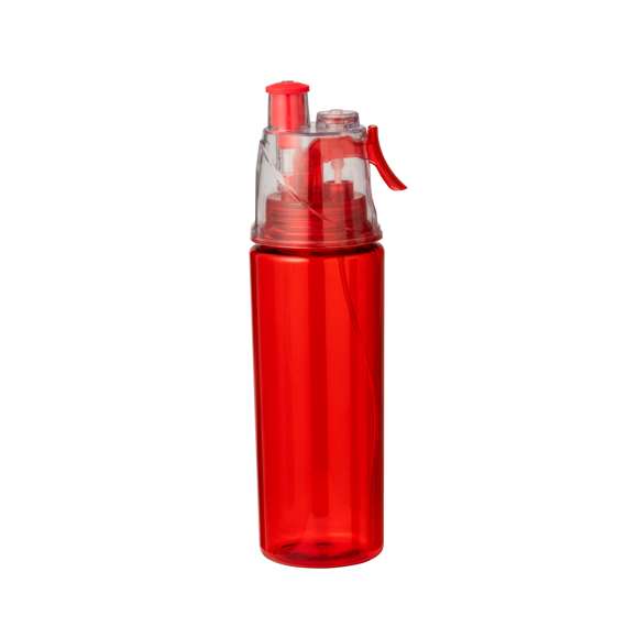 Bidón de 600 ml de capacidad, con vaporizador en el tapón para refrescarse. De acabado transparente, incluye dosificador y tapón a rosca para un óptimo sellado. Disponible en variados colores y presentado individualmente en caja de diseño kraft.