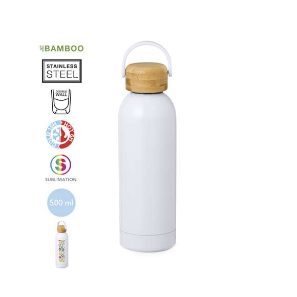 Bidón térmico de 500 ml de capacidad, fabricado en acero inox de doble pared y especialmente diseñado para marcaje en sublimación. De acabado blanco brillo, con tapón a rosca y asa superior para un fácil agarre, libre de BPA. Presentado en caja individual de diseño kraft.