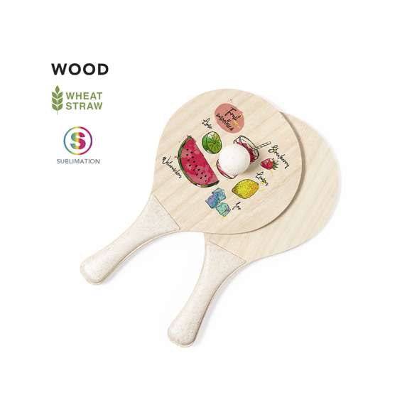 Par de palas de playa especiales para la sublimación. Fabricadas en madera, con mango reforzado en caña de trigo. Zona especial para la sublimación en la parte plana de la pala con posibilidad de diseños a todo color. Logotipo en el mango. Presentadas en bolsa de rejilla, con pelota de caña de trigo.La caña de trigo fomenta la utilización de materias primas naturales, reduciendo así las emisiones contaminantes.